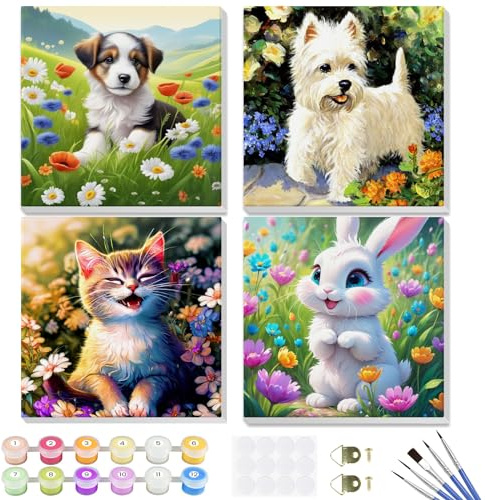 GHHKUD Kits de pintura por números para niños y adultos, paquete de 4 sobre lienzo, pintura para niños con marco de madera, animales de dibujos animados acrílicos, 8 x 8 pulgadas