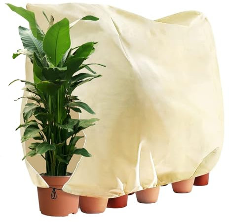 Bubuny Cappuccio Protezione Piante, Protezione Invernale Piante, 180x120cm Riparo delle Piante d'inverno con Cerniera e Coulisse, Sacco di Protezione Invernale per Piante, Beige
