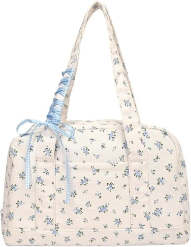 Kleine Reisetasche für Damen süße Canvas-Tragetasche florale Umhängetasche kleine gesteppte Reisetasche Canvas-Tragetasche süße Blumen-Wochenendtasche Übernacht-Handgepäck (Blau,Einheitsgröße)