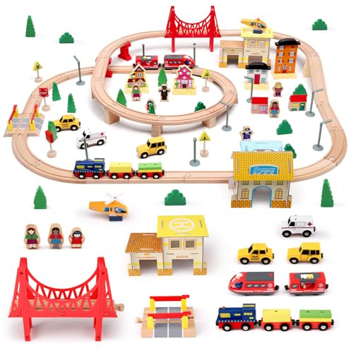 Brolteja Juego de 108 piezas de tren de madera para niños pequeños, vías de tren de madera y juguetes de tren, con tren eléctrico, tren magnético, con mapa de la ciudad, para niños de 3, 4, 5 años,