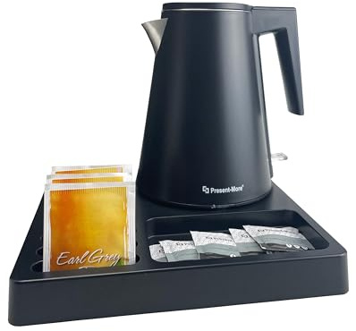 PRESENT-MORE - Set plateau en ABS noir - Contient : Plateau, bouilloire noire - Ensemble bouilloire 24 x 24 cm avec mécanique intégrée 800-1200 W - Idéal pour hôtel et B & B