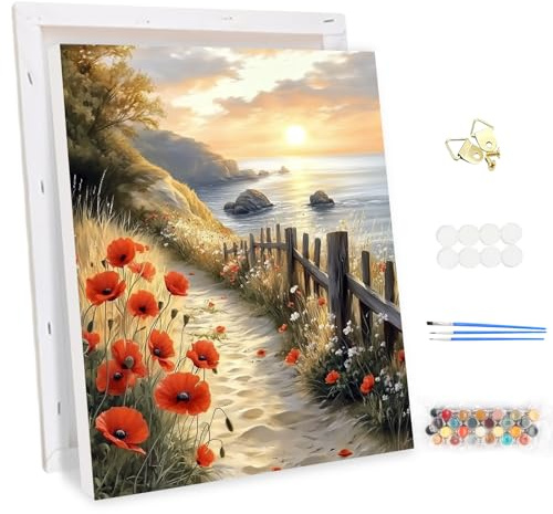 MEIYUDA Pintar por Numeros Adultos con Marco Paisaje Flores, DIY Painting by Numbers Kits Cuadros por Numeros, Pintura de Bricolaje Sobre Lienzo con Pinceles Decoración para el Hogar 30x40cm