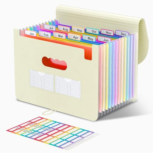 ThinkTex Dokumentsorterare, 12 fickor arkivmappar, bärbar sorteringsmapp för månatliga kvitton, Letter/A4-storlek för kontor, hem, skola - Morandi gul