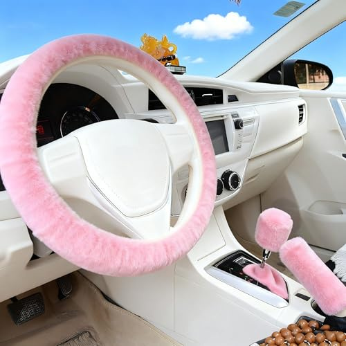 DifenzuSJ 3 PCS Couverture de Volant de Voiture, Housse de Volant en Peluche avec Housse Levier & Frein à Main, Couvre Volants Voiture Chaud Doux Universel 35-39 cm, Rose