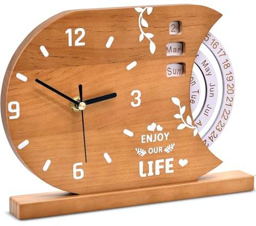 Oxmidud 2-in-1 Natural Wood Desk Clock & Calendar - Battery Operated Silent Non-Ticking Analog Table Clocks Perpetual Calendar for Office, Bedroom, Study, Bedside - Vintage Home Shelf Desktop Decor