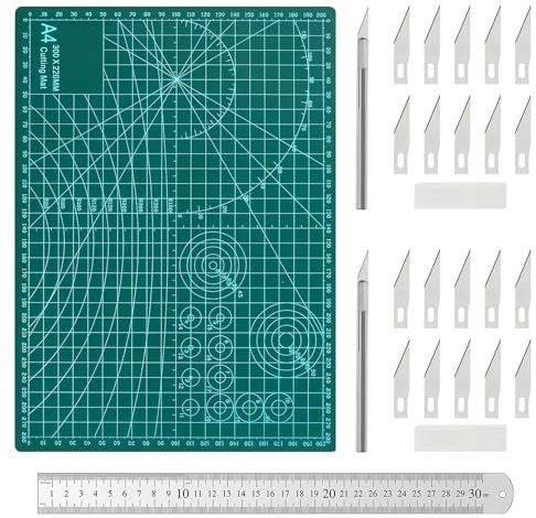 A4 Cutting Mat 24PCS Set, Self Healing Cutting Mat 3mm Thick PVC Craft Mat with Measurement Accessories, Double Sided Grid Craft Cutting Mat for DIY Sewing Drawing Model Work