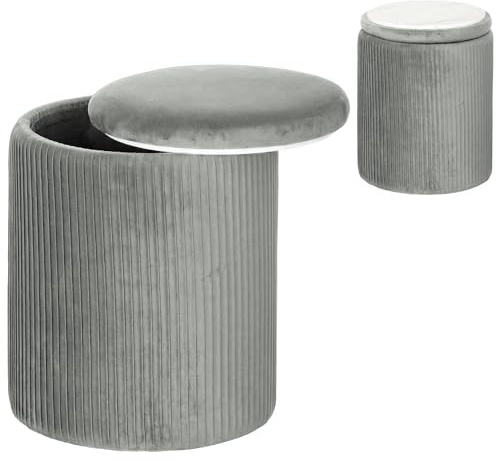 HOMCOM Round Storage Ottoman Pouffe Velvet-Feel Hidden Space Grey | Upholstered Foot Stool, Padded Seat, Hidden Space, Living Room, Bedroom