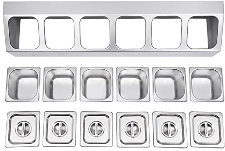 Cuisaincraty Gastronorm - Contenitore in acciaio inox con coperchio, 6 scomparti, per ingredienti di pizza, portaspezie per cucina, ristorante, lavabile in lavastoviglie, 104 x 22,5 x 22 cm