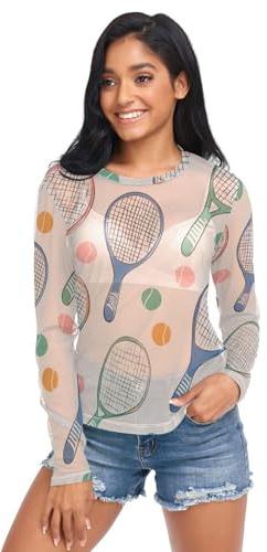 Dam genomskinlig t-shirt, mesh långärmad genomskinlig toppar S, Färgglad tennisracket och bollsport, XL