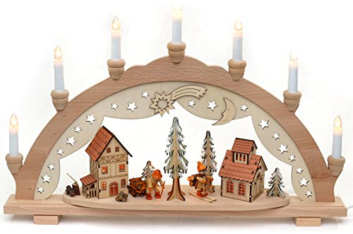 Dekohelden24 Buche Schwibbogen, Motiv: Walddorf Holzleute, 10 flammig, Breite 57 cm x Tiefe 9 cm x Höhe 38 cm