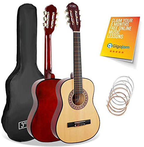 3rd Avenue Paquete Para Principiantes Con Cuerdas De Nailon Español Para Guitarra Clásica Para Niños De, Tamaño 1/2, 6 Meses De Lecciones Gratis, Bolsa Y Cuerdas, Natural