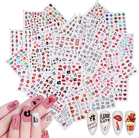 VETPW 1000+ Stück Gemischt Nagelsticker, Nagelaufkleber Wassertransfer Nagel Abziehbilder mit Muster Liebesherz Lippen Briefe für Nail Art Dekoration, DIY Nagel Tattoo Aufkleber NagelDesign Maniküre