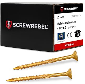 Holzbauschraube 4x60 mm - 200 Stück, gelb verzinkt, TX 20, Cut-Spitze, Reibteil, ETA | SCREW REBEL