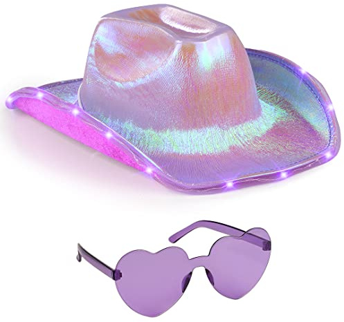 Funcredible Purple Light Up Cowgirl Hat - Shiny Cowboy Hat with Heart Glasses - Perfect for Space Cowgirl Outfit, Disco Cowboy Outfit, and Rodeo Costumes