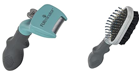FURminator deShedding-Tool Katze Größe S Langhaar - Katzenbürste für kleine Katzen zur Entfernung der Unterwolle - Verbessertes Design & Doppelbürste für Hunde und Katzen - Fellpflege 2in1-Bürste,Grau