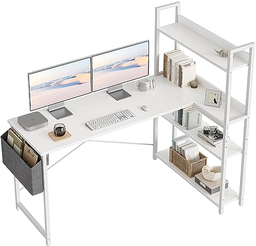 CubiCubi Schreibtisch mit Regal,Eckschreibtisch für Heimbüro,Kleiner L-förmiger Computertisch mit Ablagefächern,Bürotisch mit Aufbewahrungstasche,140cm Weiß.