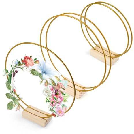 0XBIT Cerchio Metallo, 3 Pezzi Doppio Anelli Ghirlanda, Cerchi Decorativi Metallo, con Base in Legno, Adatto per Ghirlande Fai da Te, Matrimoni, Decorazioni Tavola