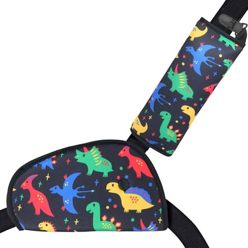 LAHAQIQI Car Seat Belt Pads for Kids, Seatbelt Strap Cover Accessories Adjuster for Children, 2pcs Seatbelt Shoulder Cushion Set with Non-Slip Positioning Clip for Travel(Dinosaur Black)