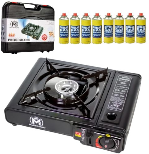 Portable Camping Gas Stove with 8 Butane Gas Canisters & Carry Case – Portable Butane Gas Cooker for Camping, Caravan, Fishing, BBQ, Outdoor & Emergency Cooking – Single Burner Portable Stove