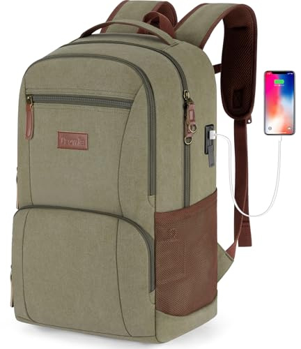 Tzowla Canvas Laptop College Backpack for Men and Women,Travel Work Vintage Rucksack with USB/Type-C Charging Port,Lightweight Bookbag Hiking Casual Daypack Backpacks fit 15.6 inch Notebook-Green