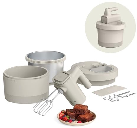 bella 3.5 Qt Hand & Stand Mixer, 2 in 1 Electric Mixer with Bowl, Dough Hook, Whisk & Egg Beater, Multifunctional Handheld Mixer for Baking, 200 Watt, Oatmilk