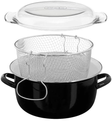 Deep Fat Fryer with Glass Lid and Mesh Basket, 5L Enamel Pan, Black, 16x33x27 cm
