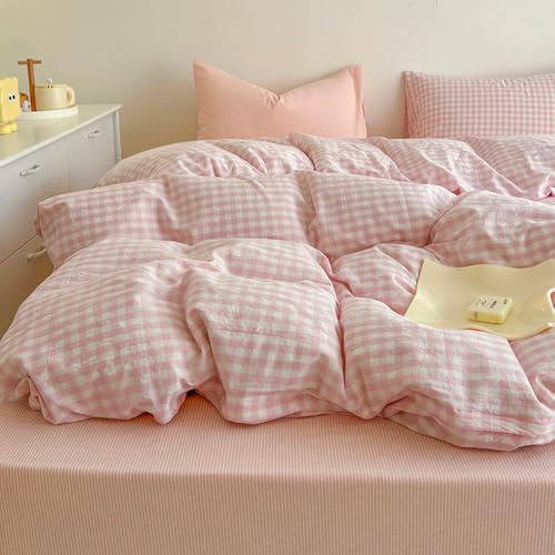 Covebett - Juego de ropa de cama a cuadros 135x200, rosa y blanco, microfibra lavada, 2 piezas, diseño de cuadrícula elegante y estético para niñas, funda nórdica con cremallera y funda de almohada de