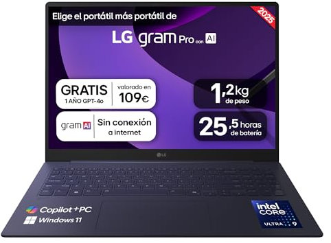 LG gram Pro 16Z90TS-G.AU99B Ordenador Portátil 16 Pulgadas, Intel Core Ultra 9 288V, 32GB RAM, 1TB SSD, Pantalla IPS Antirreflejo, 1.239 g, 25.5 Horas, W11 Home, Gris metalico, Teclado QWERTY Español