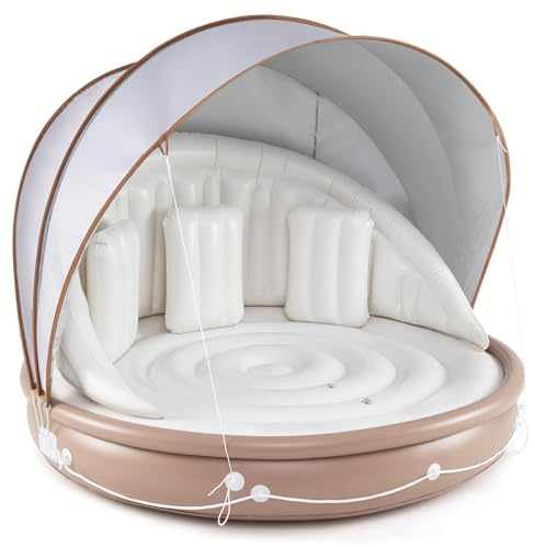COSTWAY Isla Hinchable con Toldo para 2 Adultos, Flotador de Piscina para Bronceado con 3 Almohadas Hinchables, Dosel Retráctil y Removible, de Interior y Exterior Capacidad de Carga de 180 kg