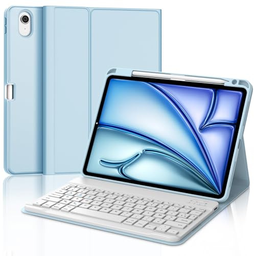 IVEOPPE Étui Clavier AZERTY Français Sans Fil Bluetooth iPad Air 11 Pouces M3/M2 (2025/2024) - Coque Détachable Bleu Ciel