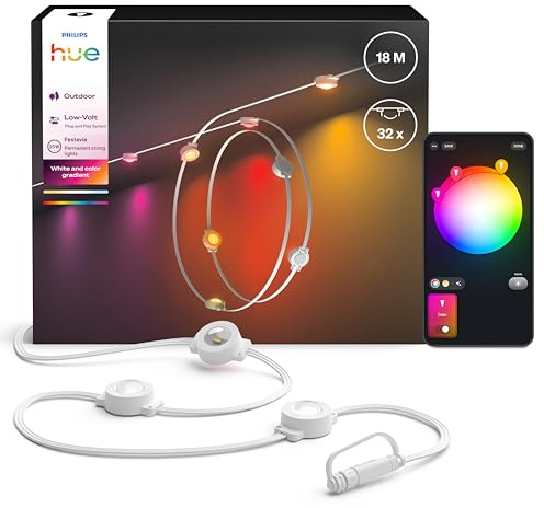 Philips Hue Festavia Permanent Outdoor Lightstrip, utomhusbelysning 18 m, 32 lampor, 55 lumen, dimbar, vädertålig belysning utomhus, vattentålig, enkel att installera, led mysbelysning, vit kabel