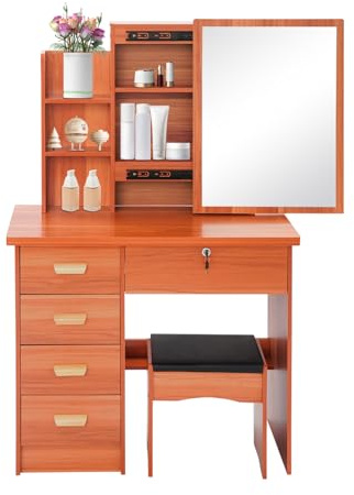 Tavolo da toeletta con specchio e sgabello, moderno tavolo cosmetico con 5 cassetti e specchio, tavolo da toeletta in legno massello, tavolo da trucco per camera da letto, marrone rossastro 80 × 35 ×