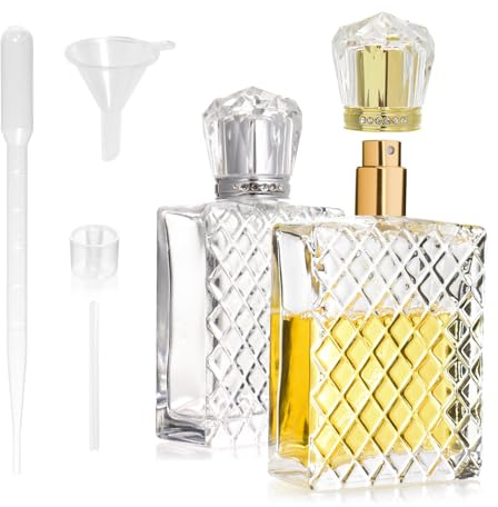 LUBOXIN 2 Pcs 100ml Perfume Atomisers Refillable, Crown Glass Perfume Spray Bottle Square Grids Empty Perfume Bottles Portable Travel Perfume Atomiser Refillable with Funnel, Dropper and Squeezer