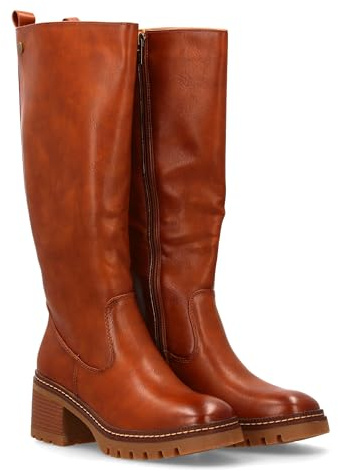 96968 Bota de Cana Alta para Mujer Diseno Elegante. Tacon Ancho Suela Dentada. Cierre de Cremallera Ideal para Otono Invierno. Camel Talla 38