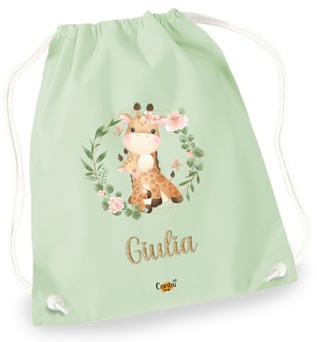 Sacca 100% Cotone Personalizzata con Nome per Asilo Scuola Materna Elementare Nido Sport Cambio - Zaino Sacchetta Stoffa Grande con Stampa Animali e Cordoncino da Bambino Bambina (Verde pastello)