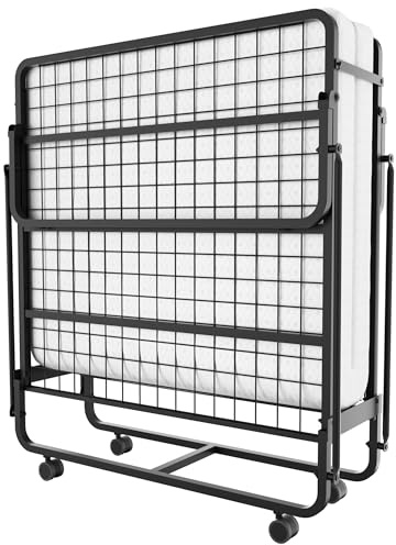 Dewinner Single Folding Bed 90 x 190 cm | Adult Folding Bed with 10 cm Foam Mattress | Single Guest Bed with Metal Bed Frame | Sturdy Structure | 4 Wheels | Load 300 kg | Black