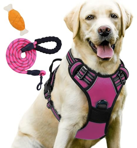 Stoviglie anti-tiraggio, senza pull, per cani di piccole dimensioni, traspiranti e imbottite, con manico a strisce riflettenti, controllo regolabile (M: 7,5 – 17,5 kg, rosso rosa + corda)