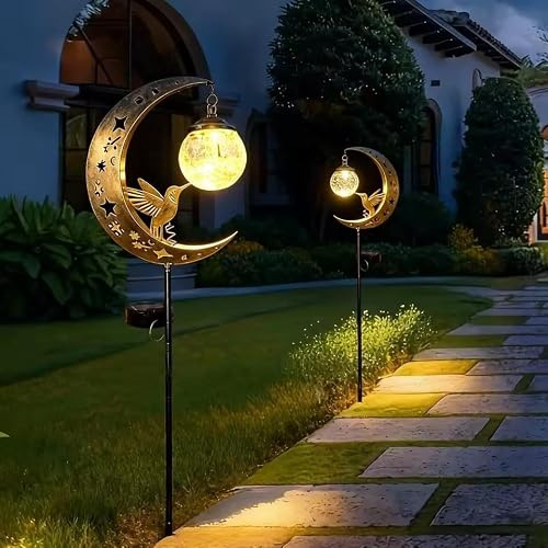 Hummingbird Moon Solar Garden Stake Light with Crackle Glass Globe | Metal crescent design, crackle glass globe, solar powered, lawn and patio décor