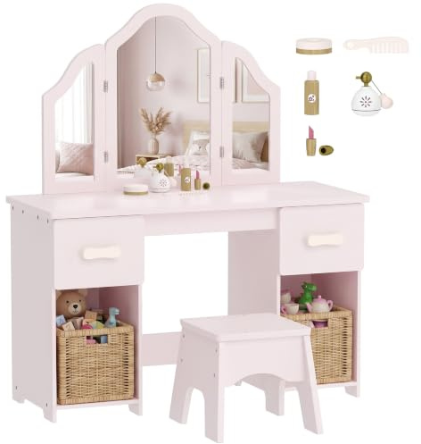 AIYAPLAY 2 In 1 Kids Dressing Table with Tri-Folding Mirror, Accessories | Kids Vanity Table and Chair Set, with 2 Drawers and 2 Cabinets, Princess Makeup Vanity Set for Girls Age 3+, Pink