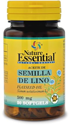 Nature Essential | Aceite de Semilla de Lino 500 mg | Rico en Ácidos Grasos y Omega 3 | Complemento Alimenticio con Propiedades Antioxidantes | 50 Perlas