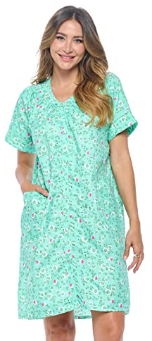 Casual Nights Women's Snap Front House Dress Short Sleeve Woven Housecoat Duster Lounger Robe, Garden Green, X-Large