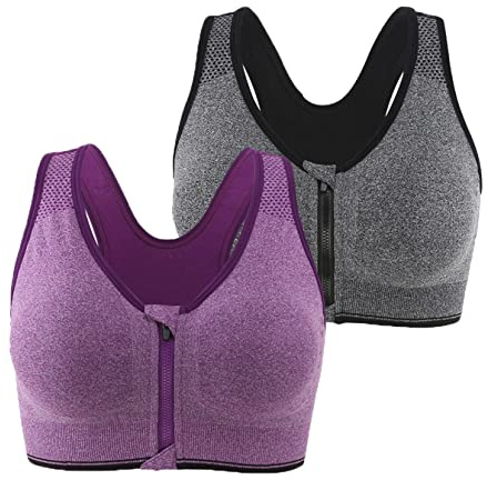 Leezepro Soutien-Gorge de Sport Post-opératoire Lingerie Avant Zipper Femme Zippée Brassière Push Up Courir Vest Coussinets Amovibles pour Fitness Jogging Yoga Course (Gris+Violet, L)