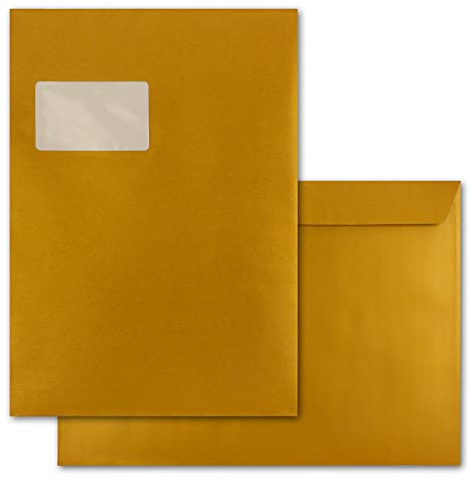 25x große XXL Briefumschläge DIN C4 in Gold Metallic - 22,9 x 32,4 cm - Haftklebung mit Fenster - Versandtasche für DIN A4 geeignet