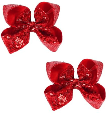 AMYDECOR 6 Inch Red Sparkly Glitter Sequin Hair Bows for Girls Toddlers Kids Children Teenage (2PCS)