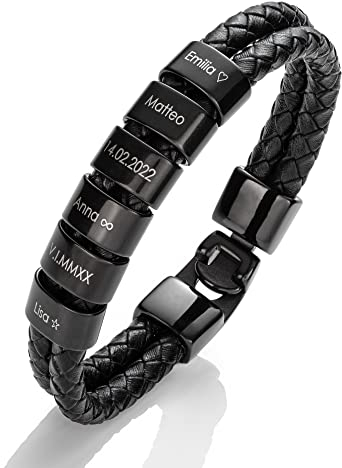 MYCLUSIV® Lederarmband Herren mit Gravur – Personalisiertes Männerarmband mit Namen – Geschenk für Papa – Aus schwarzem Echtleder