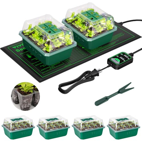 VIVOSUN Kit 6 bandejas germinación 25,4x52,7 cm con Calefactor para plántulas 72 Celdas Cubiertas de Humedad Reutilizables semillero Cultivo Interior hidroponía Plantas Semillas