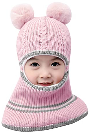 Warm Mütze und Schal Set für Jungen Mädchen 3-6 Jahre, Baby Kinder Beanie Stricken Wintermütze Warm Niedlich Kinder Bommelmütze Schlupfmütze Schalmütze Kapuzenschal Strickmütze mit Pompom,Rosa