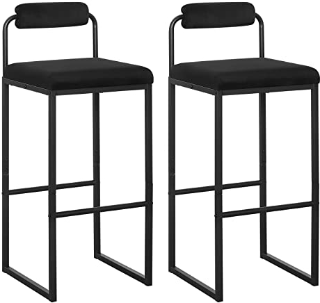 WOLTU Taburetes Altos Cocina Juego de 2 con Respaldo Bajo, Asiento Cuadrado Tapizado en Terciopelo, en Estructura de Metal, Negro