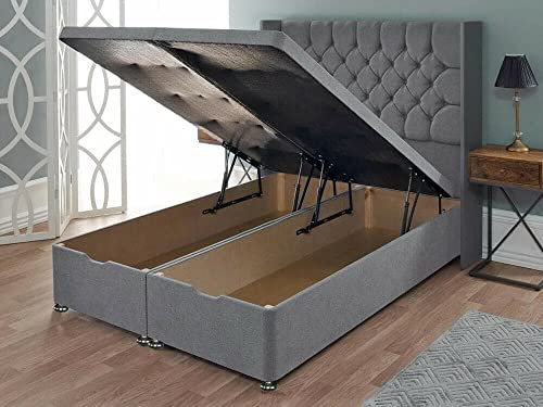 J&S Offical Divan Ottoman Bed Endlift Storage Gas Lift Up 54 Upholstered Headboard Handmade in UK No Mattress (5Ft King Size Grey Plush Velvet)