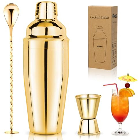 24oz Cocktail Shaker Set Martini Shaker Set Bartender Set with Margarita Mixer Drink Shaker, Measuring Jigger and Mixing Spoon - Professional 18/8 Stainless Steel Bar Tools for Mixed Drinks (Gold)
